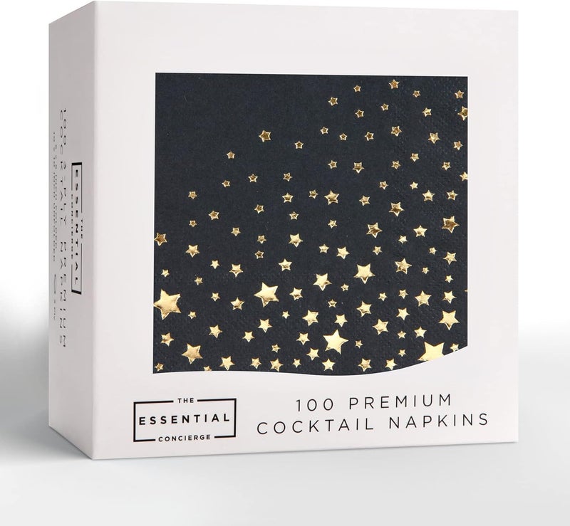 The Essential Concierge Stylish Black and Gold Napkins, 100 Black Star Napkins, 5x5 Inch Black and Gold Cocktail Napkins, Disposable Black Star Cocktail Napkins for Party - Image 4